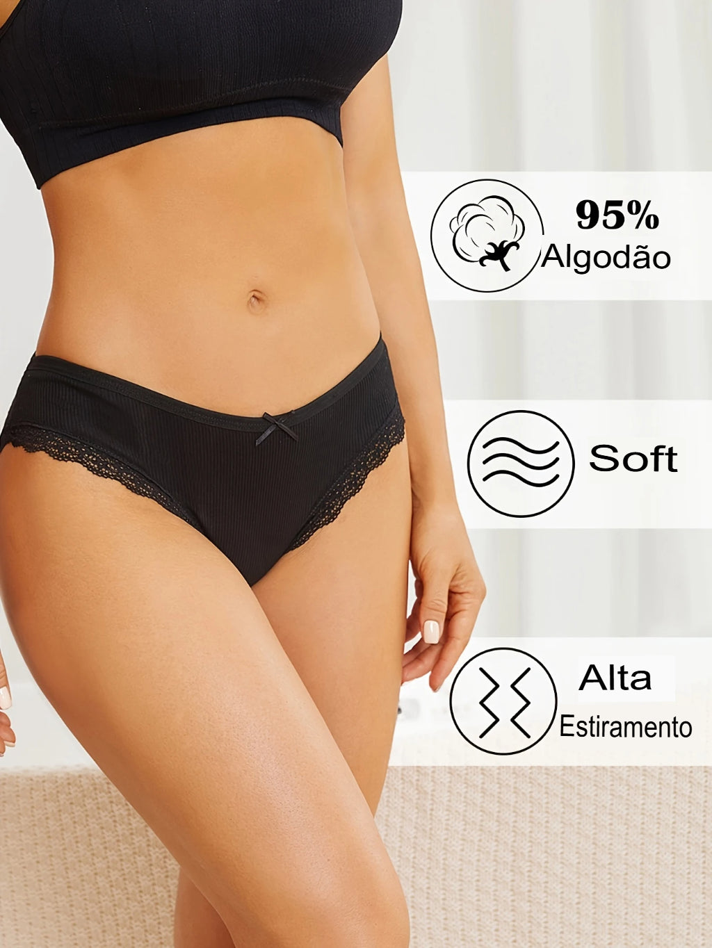 Calcinha Feminina Algodão Cintura Baixa em Renda